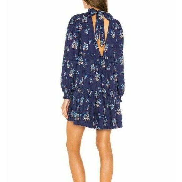 Free People Petit Fours Mini Indigo Blue Long Sleeve Floral Dress Medium - Picture 2 of 2